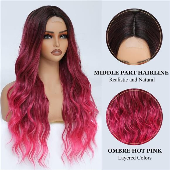 Long Ombre Pink Wavy Middle Part Soft Synthetic Fiber - Picture 4 of 7